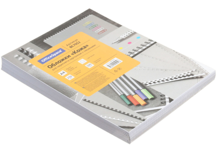 Обложки для переплета картонные OfficeSpace А4, 100 шт., 230 г/м², белые, тиснение «под кожу»