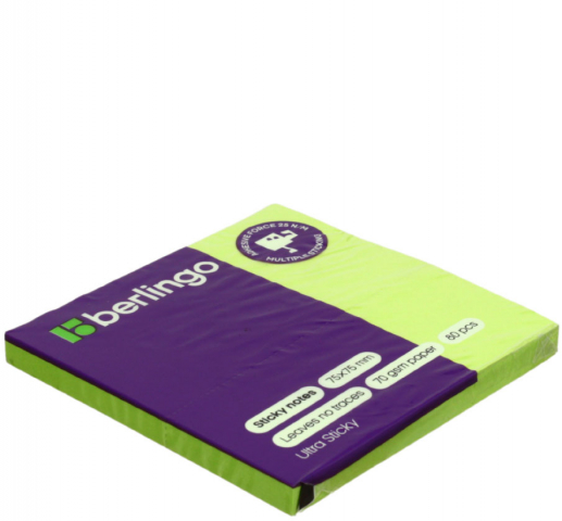 Бумага для заметок с липким краем Berlingo Ultra Sticky 75×75 мм, 1 блок×80 л., зеленая, неон